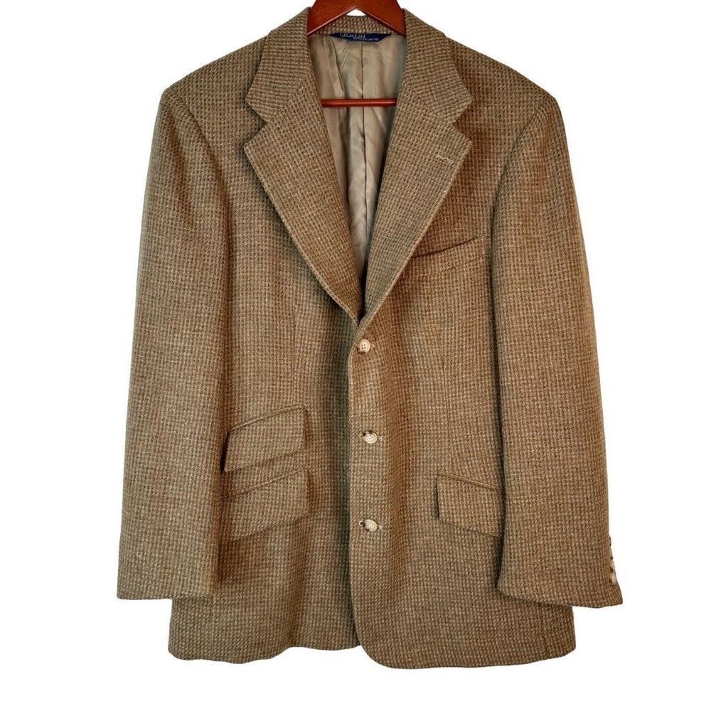 Vintage Polo Ralph Lauren Tan Wool Houndstooth Tweed Blazer Men’s 40L Union Made